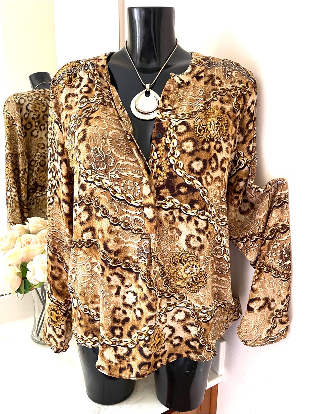 JENNIFER LOPEZ Blouse XL Animal Print Top brown Leopard Women Shirt